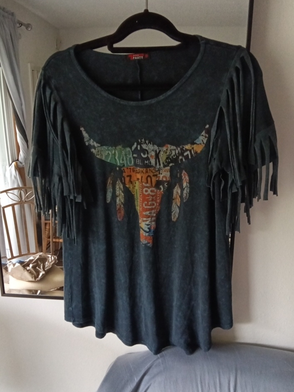 T-Party Fringe Sleeve Graphic Tee - Teal with Multicolor Bull Design
